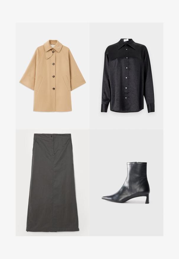 Beige wool blend coat with a classic collar, front button closure, and side pockets; features raglan sleeves and a clean, structured design.; Black long-sleeve shirt with a collared neckline, featuring a crinkled texture, full button front, and cuffs. Made from a smooth fabric.; Gray skirt made from a lightweight material, featuring a straight design, front pockets, a single button closure, and subtle stitching details.; Black leather ankle boot with a pointed toe and a sleek design. Features a low heel and a zipper closure at the back. Smooth texture.