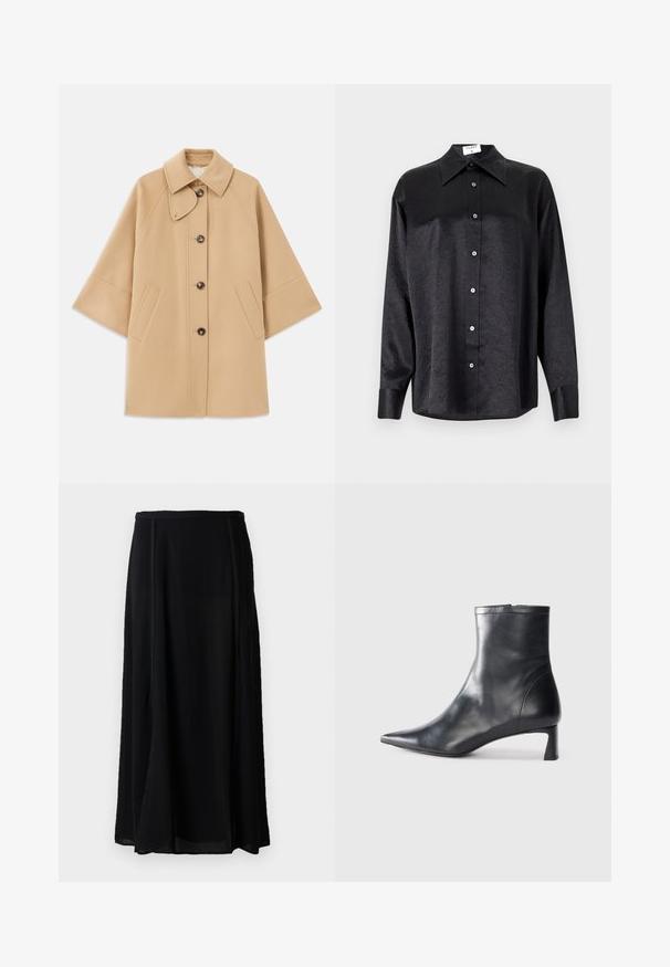 Beige wool blend coat with a classic collar, front button closure, and side pockets; features raglan sleeves and a clean, structured design.; Black long-sleeve shirt with a collared neckline, featuring a crinkled texture, full button front, and cuffs. Made from a smooth fabric.; Black maxi skirt made of lightweight material, featuring a flowy design, solid black color, and subtle side seam details.; Black leather ankle boot with a pointed toe and a sleek design. Features a low heel and a zipper closure at the back. Smooth texture.