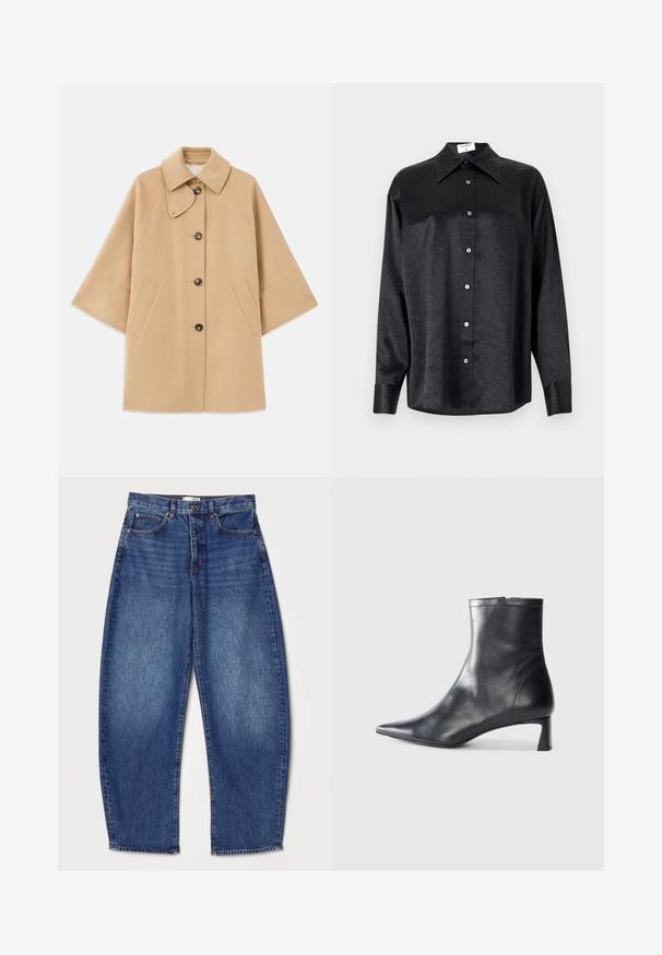 Beige Wollmischungsjacke mit klassischem Kragen, durchgehender Knopfleiste und Seitentaschen; verfügt über Raglanärmel und ein sauberes, strukturiertes Design.; Schwarzes Langarmhemd mit kragenförmigem Halsausschnitt, mit einem zerknitterten Textur, voller Knopfleiste und Manschetten. Hergestellt aus einem glatten Stoff.; Jeans aus Denim mit lockerer Passform, mittelhoher Taille, tiefblauem Farbton, verblasster Textur, Fünf-Taschen-Design und geradem Beinabschluss.; Schwarze Lederstiefelette mit spitzer Zehe und schlankem Design. Verfügt über einen niedrigen Absatz und einen Reißverschluss hinten. Glatte Textur.