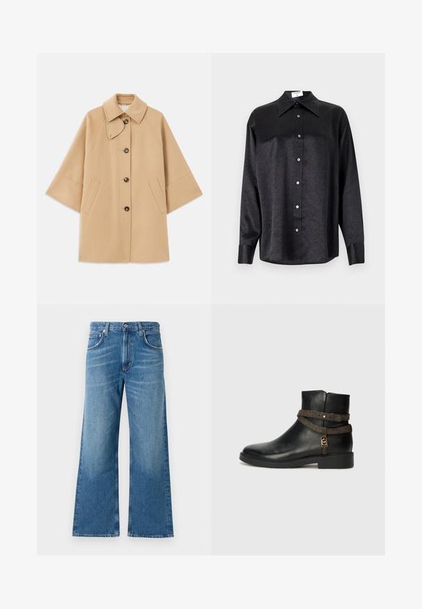 Šviesiai rudas vilnos mišinys paltas su klasikiniu apykakle, priekyje mygtukais užsegamas, ir šoninėmis kišenėmis; turi raglan tipo rankoves ir švarų, struktūrizuotą dizainą.; Juodas ilgarankovis marškinis su apykakle, turintis plėšyta tekstūra, visiško mygtukų uždarymo priekyje ir rankogaliais. Pagamintas iš lygaus audinio.; Mėlyni plačiaklaiščiai džinsai su penkiomis kišenėmis, mygtukų uždarymu ir subtiliu nusidėvėjimu priekyje bei kojose.; Juodas odinis kulkšninis botų su lygia sueigą, su ruda raštuota juosta ir auksinės spalvos detalėmis. Lygus paviršius.