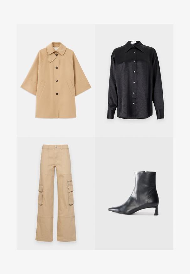 Beige uldblandingsfrakke med klassisk krave, frontknaplukning og sidelommer; har raglanærmer og et rent, struktureret design.; Sort langærmet skjorte med krave, der har en krøllet tekstur, fuld knaplukning foran og manchetter. Lavet af et glat stof.; MAX&Co. REGIO - Cargobukser - beige; Sort læder ankelstøvle med spids tå og et strømlinet design. Har en lav hæl og en lynlås lukning bagpå. Glat tekstur.