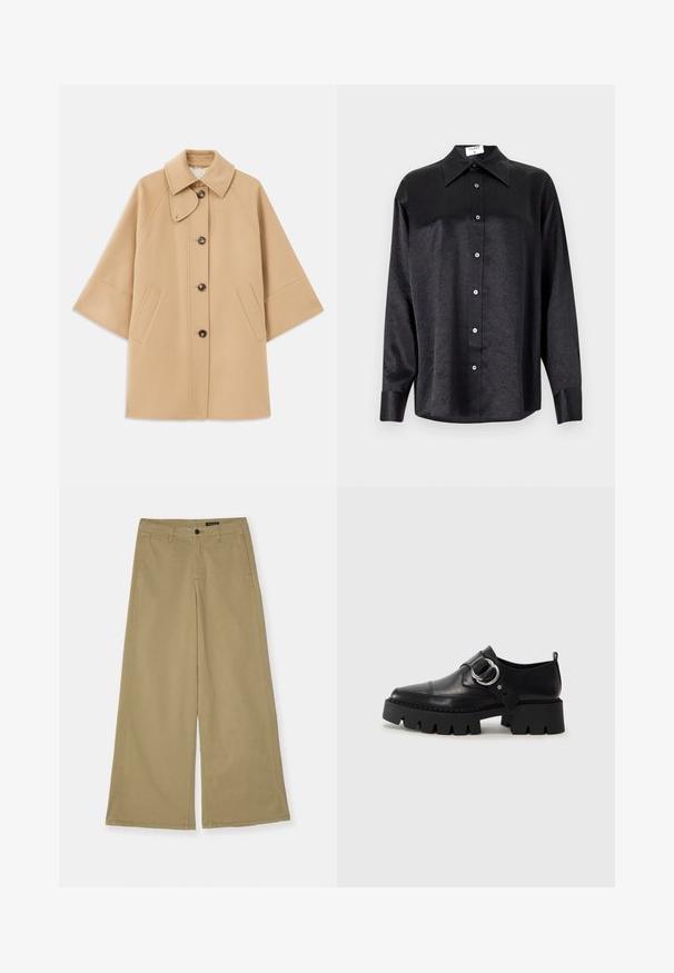 Manteau en mélange de laine beige avec un col classique, fermeture à boutons à l'avant et poches latérales ; présente des manches raglan et un design épuré et structuré.; Chemise noire à manches longues avec un col, présentant une texture froissée, une fermeture à boutons sur le devant et des poignets. Fabriquée en tissu lisse.; Pantalons larges kaki en coton, avec fermeture à bouton, poches latérales et détails de couture visibles. Texture lisse.; Chaussures noires en cuir avec une semelle épaisse et côtelée, présentant un accent en métal argenté circulaire et des détails de couture minimalistes.