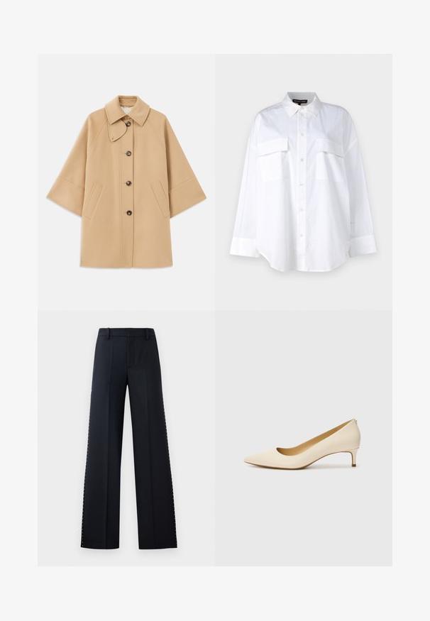 Šviesiai rudas vilnos mišinys paltas su klasikiniu apykakle, priekyje mygtukais užsegamas, ir šoninėmis kišenėmis; turi raglan tipo rankoves ir švarų, struktūrizuotą dizainą.; Balta mygtukinė marška, pagaminta iš medvilnės, su klasikinio stiliaus apykakle, dviem krūtinės kišenėmis ir ilgomis rankovėmis su rankogaliais. Lygaus tekstūros.; Juodos plačios kojos kelnės. Priklausantis pritaikytam stiliui su lygiu paviršiumi. Papildyta metaliniais kaliukais šoninėse siūlėse kaip detalė.; Smėlio spalvos, smailėjančio toe dizaino bateliai pagaminti iš sklandžios sintetinės medžiagos, su žemu kulnu ir užsidėjimu, papildytu subtiliu nugaros akcentu.