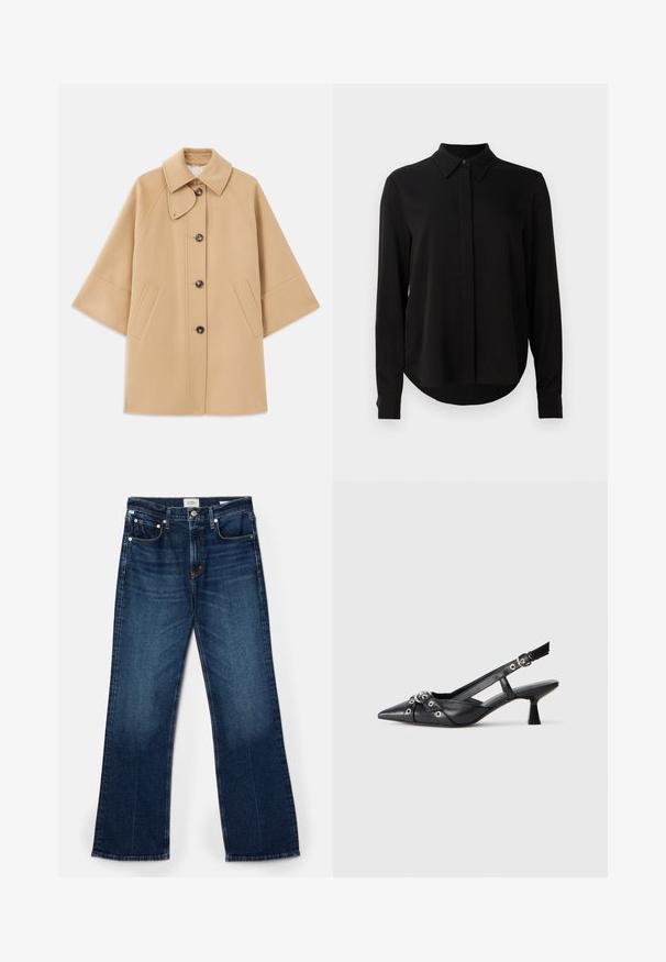 Beige wool blend coat with a classic collar, front button closure, and side pockets; features raglan sleeves and a clean, structured design.; Black long-sleeve blouse with pointed collar, concealed button placket, and curved hem against a plain white background.; Dark blue denim jeans, wide-leg cut, five-pocket style, visible stitching accents, and a smooth texture with slight fading.; Black leather slingback shoe with a pointed toe, decorative straps featuring metal eyelets, and a low block heel. Textured surface.