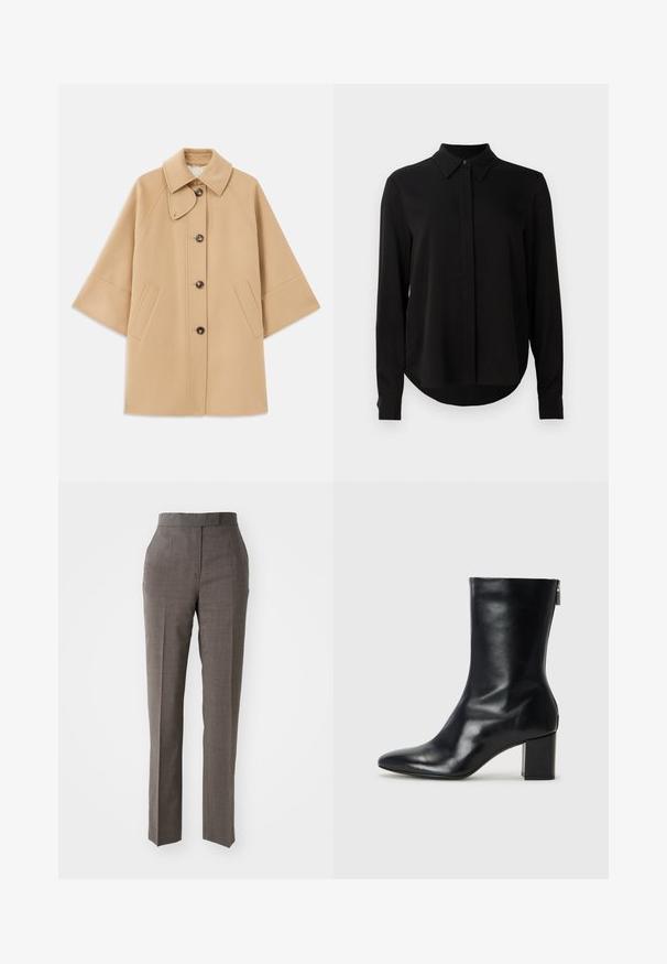 Beige kabát z vlněné směsi s klasickým límcem, zapínáním na knoflíky vpředu a bočními kapsami; má raglánové rukávy a čistý, strukturovaný design.; Černá halenka s dlouhým rukávem a špičatým límcem, skrytým zapínáním na knoflíky a zakřiveným lemem na jednobarevném bílém pozadí.; Šedé kalhoty na míru se rovnými nohavicemi, texturovanou látkou, středním pasem a dvěma předními kapsami. Žádné viditelné zapínání nebo vzory.; Černé kožené kotníkové boty s špičatou špičkou a blokovým podpatkem o výšce 4 cm. Elegantní design obsahuje boční zip pro snadné obouvání. Hladká textura.