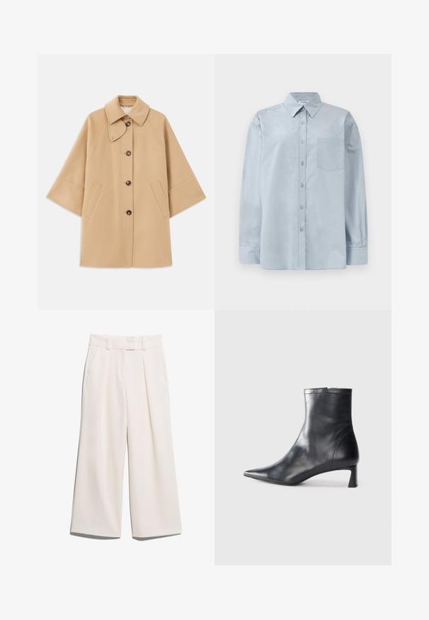 Beige Wollmischungsjacke mit klassischem Kragen, durchgehender Knopfleiste und Seitentaschen; verfügt über Raglanärmel und ein sauberes, strukturiertes Design.; Hellblaues Langarmhemd mit Knopfverschluss, spitzem Kragen und Brusttasche, flach auf einem weißen Hintergrund ausgelegt.; Weite Hosen in einem hellen Cremefarbton, aus glattem Stoff mit zwei Vordertaschen und sichtbaren Nähten am Bund.; Schwarze Lederstiefelette mit spitzer Zehe und schlankem Design. Verfügt über einen niedrigen Absatz und einen Reißverschluss hinten. Glatte Textur.