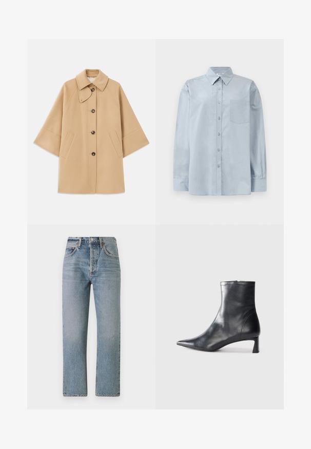Casaco em mistura de lã bege com colarinho clássico, fecho frontal com botões e bolsos laterais; possui mangas raglan e um design limpo e estruturado.; Camisa azul claro de manga longa, com colarinho pontudo e bolso no peito, disposta em cima de um fundo branco.; Jeans de ganga azul claro com um corte reto, cintura alta e design clássico de cinco bolsos. Apresenta um desbotamento subtil e fecho de correr.; Bota de tornozelo em pele preta com biqueira apontada e um design elegante. Apresenta um salto baixo e um fecho com zipper na parte de trás. Textura suave.