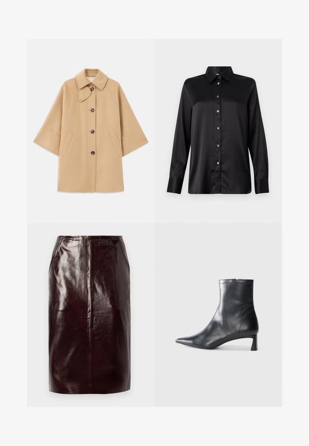 Bežna volnena jopica s klasičnim ovratnikom, sprednjim gumbom za zapiranje in stranskimi žepi; ima raglan rokave in čist, strukturiran dizajn.; Črna satenasta majica z dolgimi rokavi, ovratnikom in sprednjim zapiranjem na gumb, z manšetami z enim gumbom. Gladka tekstura s nekoliko sproščenim prilegajem.; Temno burgundska umetna usnjena krila s gladko teksturo, visokim pasom in diskretnim osrednjim šivom.; Črne usnjene gležnjarje s šiljastim nosom in elegantnim dizajnom. Imajo nizko peto in zadrgo na zadnji strani. Gladka tekstura.