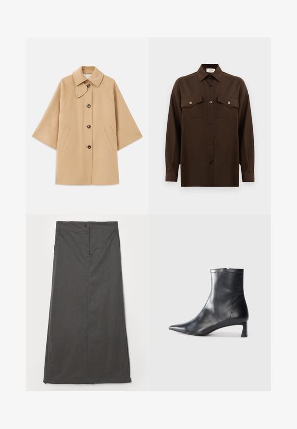 Abrigo de mezcla de lana color beige con un cuello clásico, cierre delantero de botones y bolsillos laterales; presenta mangas raglán y un diseño limpio y estructurado.; Camisa de manga larga de color marrón oscuro con botones, dos bolsillos en el pecho con solapa y un cuello clásico, exhibida contra un fondo blanco liso.; Falda gris hecha de un material ligero, con un diseño recto, bolsillos frontales, cierre de un solo botón y sutiles detalles de costura.; Botín de cuero negro hasta el tobillo con punta afilada y un diseño elegante. Presenta un tacón bajo y un cierre con cremallera en la parte trasera. Textura suave.