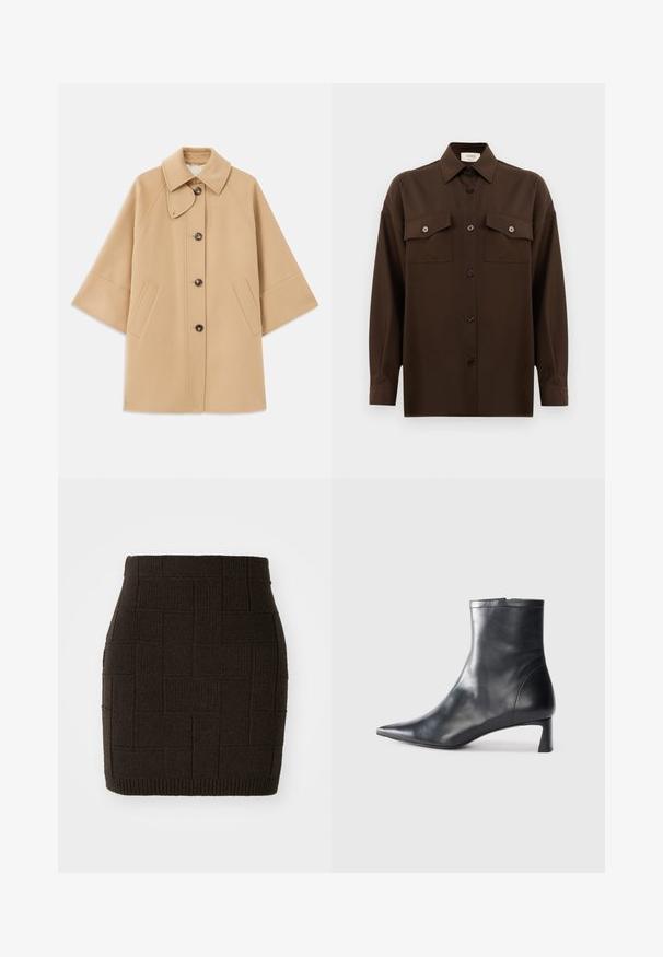 Beige gyapjú mix kabát klasszikus gallérral, elülső gombos záródással és oldalsó zsebekkel; raglán ujjaival és letisztult, strukturált dizájnjával rendelkezik.; Sötétbarna, hosszú ujjú, gombos ing, két zsebével a mellén és klasszikus gallérral, egyszerű fehér háttér előtt bemutatva.; Finom kötött, sötétbarna mini szoknya, textúrált, szőtt mintázattal és testhezálló derékkal. A szoknya alja bordás részletekkel rendelkezik.; Fekete bőr bokacsizma hegyes orral és letisztult dizájnnal. Alacsony sarka és hátsó cipzáras záródása van. Simának tűnő textúra.