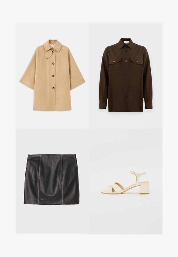 Bežs vilnas maisījuma mētelis ar klasisku apkakli, priekšējo pogu aizdares un sānu kabatām; satur raglanu piedurknes un tīru, strukturētu dizainu.; Tumši brūns garām piedurknēm pogājams krekls ar diviem kabatām uz krūtīm un klasisku apkakli, attēlots uz vienkārša baltā fona.; Melnas ādas svārki ar šuvju paneļu detaļām, taisnu siluetu un gludu tekstūru. Minimālisma dizains bez metāla elementiem.; Bežīgi patentēti ādas sandalītes ar krustenisku siksnu dizainu, atvērtu pirkstu, regulējamu potītes siksnu un bloku papēdi. Gluda tekstūra.