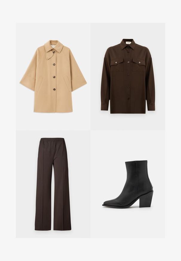 Cappotto in misto lana beige con colletto classico, chiusura frontale con bottoni e tasche laterali; presenta maniche a raglan e un design pulito e strutturato.; Camicia marrone scuro a maniche lunghe con bottoni, dotata di due tasche a pattina sul petto e colletto classico, mostrata su uno sfondo bianco uniforme.; Pantaloni a gamba larga in tessuto marrone scuro con vita elastica, caratterizzati da una superficie liscia e linee pulite per un look elegante.; Stivale ankle in pelle nera con punta affusolata, tacco a blocco e dettagli laterali sottili. Texture liscia con un design minimalista.