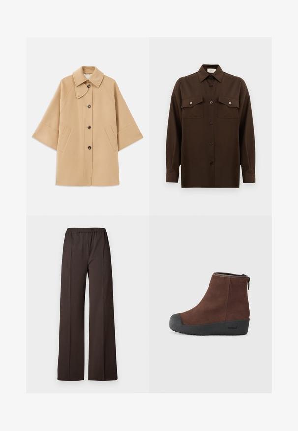 Beige uldblandingsfrakke med klassisk krave, frontknaplukning og sidelommer; har raglanærmer og et rent, struktureret design.; Mørkebrun langærmet skjorte med knaplukning, to brystlommer med klap og en klassisk krave, præsenteret mod en helt hvid baggrund.; Vide benbukser i mørkebrun stof med elastisk talje, som har en glat tekstur og rene linjer for et skræddersyet look.; Brune ruskind ankelstøvle med rund tå, struktureret sort gummisål og lynlås i siden. Diskret branding på hælen og nær lynlåsen.