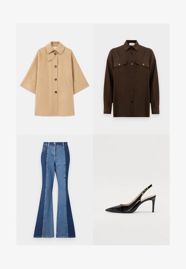 Bež kaput od vune s kombinacijom materijala, klasičnog ovratnika, prednjim zatvorenjem na dugmad i bočnim dzepovima; ima raglan rukave i čist, strukturiran dizajn.; Tamno smeđa dugosleeve košulja s dugim rukavima i dugmadi, s dva džepa s preklopom na prsima i klasičnim ovratnikom, prikazana na jednostavnoj bijeloj pozadini.; Wide leg traperice s dvojnim nijansama, tamnoplavim i svjetloplavim denimm panelima, zatvaranjem na gumbe sprijeda i klasičnim stilom džepova.; Crne lakirane slingback cipele s oštrim vrhom, uskim potpeticama i suptilnim izrezom. Sadrže zlatnu kopču na traku.