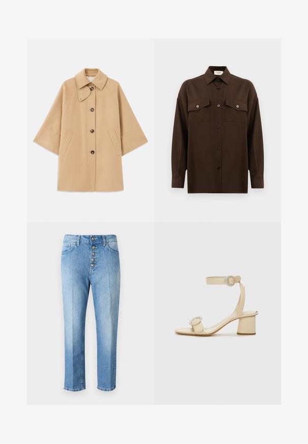 Bežna volnena jopica s klasičnim ovratnikom, sprednjim gumbom za zapiranje in stranskimi žepi; ima raglan rokave in čist, strukturiran dizajn.; Temno rjav srajca z dolgimi rokavi na gumbe, z dvema žepoma na prsih in klasičnim ovratnikom, prikazana na enotni beli podlagi.; Svijetloplave traperice s visokim strukom, s gumbima na kopčanju i dekorativnim gumbima, ravnog kroja i rasparanim rubovima.; Bež sandali na peto s kvadratnim prstom, nastavljivim zankam za gleženj in dvema okroglima sponkama. Gladek usnjen videz in blok peto.