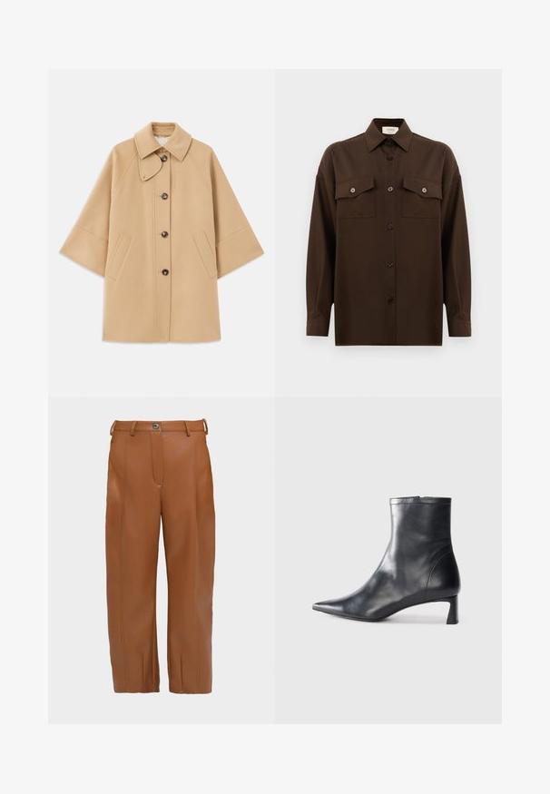 Beige ullblandad kappa med klassisk krage, framknäppning med knappar och sidofickor; har raglanärmar och en ren, strukturerad design.; Mörkbrun långärmad skjorta med knappar, två fällbara bröstfickor och klassisk krage, visad mot en enkel vit bakgrund.; Bruna konstläderbyxor med rak modell, framseamsdetaljer, två bältesöglor och stängning med en enda knapp i midjan.; Svart läder ankelboot med spetsig tå och en smidig design. Har en låg klack och en dragkedjestängning bak. Slät textur.
