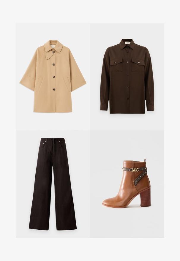 Beige uldblandingsfrakke med klassisk krave, frontknaplukning og sidelommer; har raglanærmer og et rent, struktureret design.; Mørkebrun langærmet skjorte med knaplukning, to brystlommer med klap og en klassisk krave, præsenteret mod en helt hvid baggrund.; Sorte vide bukser lavet af letvægtigt stof. Har en justerbar talje, forlommer og en subtil tekstur.; Brun læder ankelstøvle med stablet blokheel, sidebånd med guldnitter og en guld "MK" logo spænde.