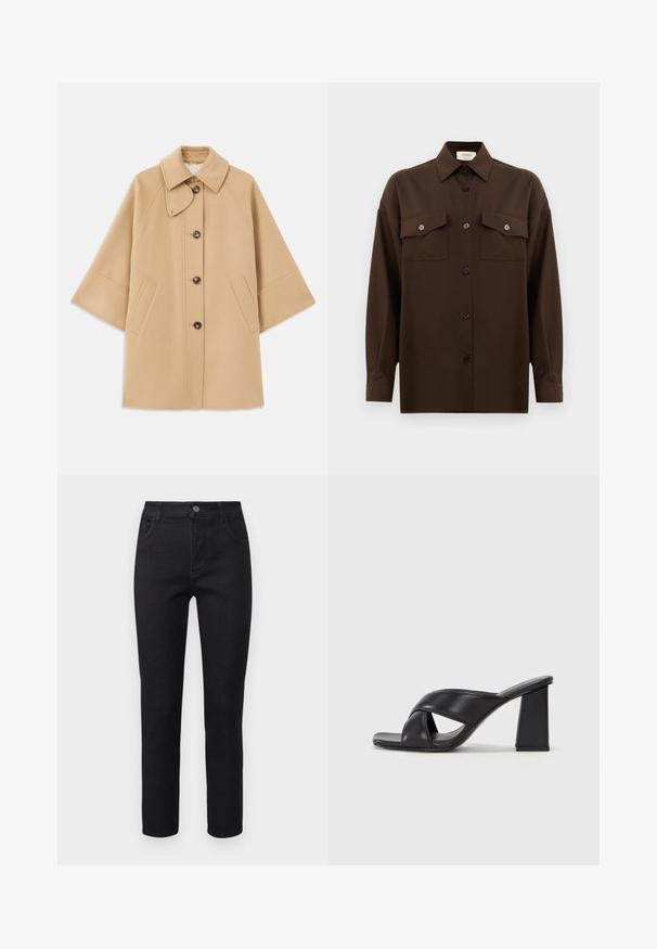 Bežs vilnas maisījuma mētelis ar klasisku apkakli, priekšējo pogu aizdares un sānu kabatām; satur raglanu piedurknes un tīru, strukturētu dizainu.; Tumši brūns garām piedurknēm pogājams krekls ar diviem kabatām uz krūtīm un klasisku apkakli, attēlots uz vienkārša baltā fona.; Melnas džinsus ar taisnu piegriezumu, piecu kabatu dizainu un pogu aizdari. Audumam ir gluda tekstūra un neliela stiepjamība.; MAX&Co. SOHO - Augstpapēžu sandales - schwarz