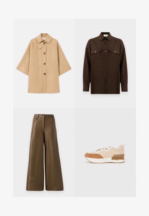 Šviesiai rudas vilnos mišinys paltas su klasikiniu apykakle, priekyje mygtukais užsegamas, ir šoninėmis kišenėmis; turi raglan tipo rankoves ir švarų, struktūrizuotą dizainą.; Tamsiai rudas ilgarankovis mygtukų marškiniai su dviem kišenėmis ant krūtinės ir klasikiniais apykakle, pristatomas prieš paprastą baltą foną.; Plačios kojinės kelnės, pagamintos iš lygaus, rudo dirbtinio odos. Pasižymi aukštu liemeniu, keturiais kišeniais ir priekiniais užtrauktukais. Lygus tekstūra ir minimalistiškas dizainas.; Batai sportiniai su smėlio spalvos audiniu viršuje, rusvai odiniais akcentais, balta vidurine dalimi ir guminiu padu su prekių ženklu.