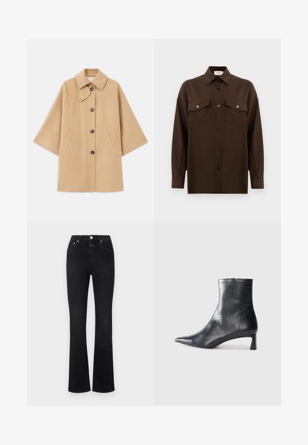 Abrigo de mezcla de lana color beige con un cuello clásico, cierre delantero de botones y bolsillos laterales; presenta mangas raglán y un diseño limpio y estructurado.; Camisa de manga larga de color marrón oscuro con botones, dos bolsillos en el pecho con solapa y un cuello clásico, exhibida contra un fondo blanco liso.; Pantalones vaqueros negros de campana, confeccionados en denim, con una cinturilla alta, cinco bolsillos, herrajes en tono dorado y una textura suave.; Botín de cuero negro hasta el tobillo con punta afilada y un diseño elegante. Presenta un tacón bajo y un cierre con cremallera en la parte trasera. Textura suave.
