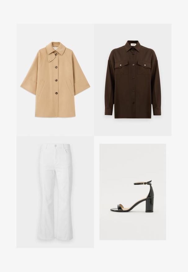 Abrigo de mezcla de lana color beige con un cuello clásico, cierre delantero de botones y bolsillos laterales; presenta mangas raglán y un diseño limpio y estructurado.; Camisa de manga larga de color marrón oscuro con botones, dos bolsillos en el pecho con solapa y un cuello clásico, exhibida contra un fondo blanco liso.; Vaqueros blancos de campana con cintura alta, bolsillos delanteros y dobladillo sin rematar. Hechos de denim con una textura suave y detalles de costura mínimos.; Sandalia de charol negro con tacón ancho, punta abierta y correa en el tobillo que cuenta con una hebilla dorada. Textura suave y diseño elegante.
