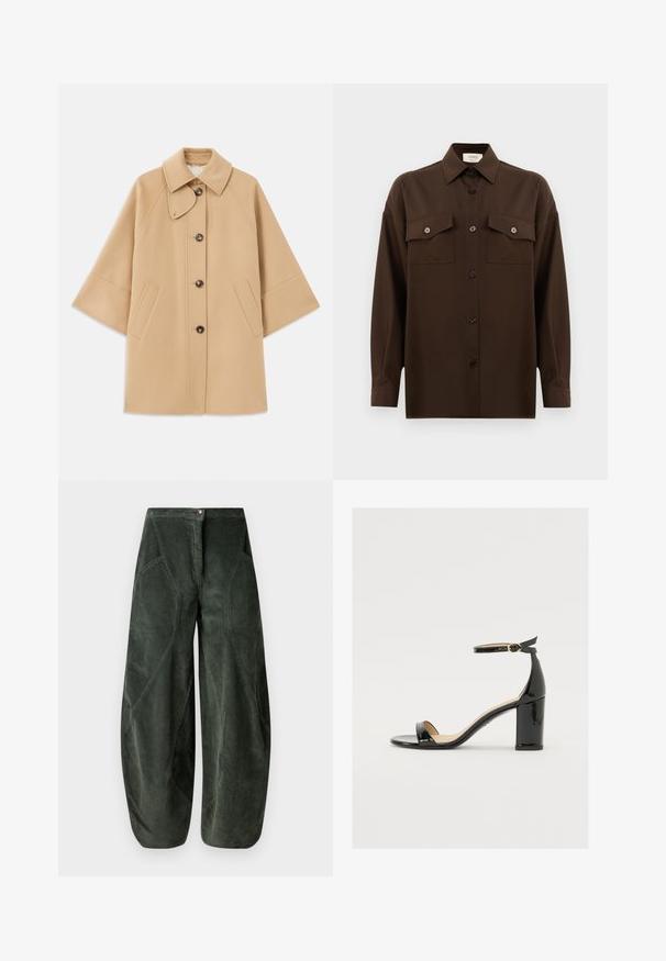 Šviesiai rudas vilnos mišinys paltas su klasikiniu apykakle, priekyje mygtukais užsegamas, ir šoninėmis kišenėmis; turi raglan tipo rankoves ir švarų, struktūrizuotą dizainą.; Tamsiai rudas ilgarankovis mygtukų marškiniai su dviem kišenėmis ant krūtinės ir klasikiniais apykakle, pristatomas prieš paprastą baltą foną.; Plati kelnės tamsiai žaliuose kordūrovo audiniuose su mygtuko uždarymu ir kampuotomis šoninėmis kišenėmis su tekstūrine, gilių įdubimų raštu.; Juodas lakinės odos sandalai su plačiu kulnu, atvira koja ir kulkšnies juostele, turinčia auksinę sagtį. Lygi tekstūra ir elegantiškas dizainas.