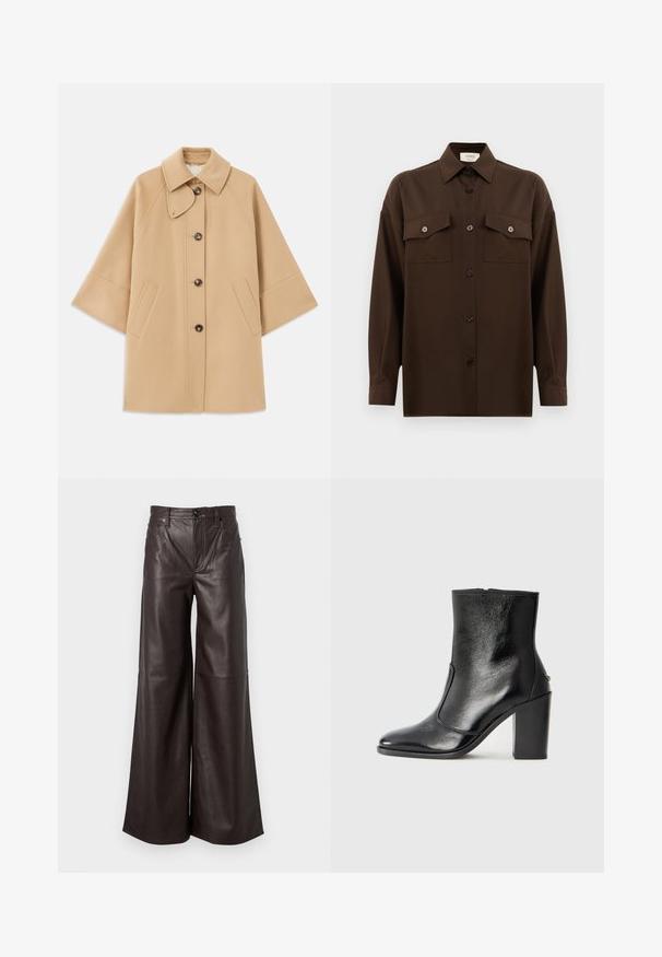 Beige wool blend coat with a classic collar, front button closure, and side pockets; features raglan sleeves and a clean, structured design.; Dark brown long-sleeve button-up shirt with two flap chest pockets and a classic collar, displayed against a plain white background.; Dark brown leather wide-leg trousers with a high waist, featuring front pockets, a zipper fly, and belt loops. Smooth texture.; Black leather ankle boot with a smooth texture, pointed toe, and a chunky high heel. Features a side opening and minimalistic design.
