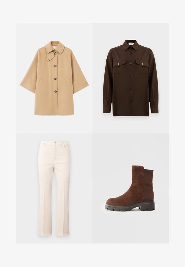 Abrigo de mezcla de lana color beige con un cuello clásico, cierre delantero de botones y bolsillos laterales; presenta mangas raglán y un diseño limpio y estructurado.; Camisa de manga larga de color marrón oscuro con botones, dos bolsillos en el pecho con solapa y un cuello clásico, exhibida contra un fondo blanco liso.; Jeans beige acampanados de algodón, con cintura alta, cinco bolsillos, cierre de botón y detalles de costura sutiles.; Botín de ante marrón hasta el tobillo con paneles elásticos en los laterales, punta redondeada y suela de goma gruesa que presenta un patrón de relieve.