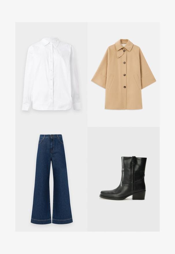 Beige wollen blend jas met een klassieke kraag, sluiting met knopen aan de voorkant en zijzakken; heeft raglanmouwen en een nette, gestructureerde uitstraling.; Witte langslang shirt met knopen, gemaakt van katoen, met een puntkraag en een rechte pasvorm met een gladde textuur.; Brede blauwe denimjeans met een hoge taille, voorzien van een knoopsluiting, riemlussen en subtiele stikdetails langs de zakken en zoom.; Zwarte leren enkellaars met een ronde neus, blokhak, zijrits en stikselaccenten op de wreef. Gladde textuur, klassiek ontwerp.