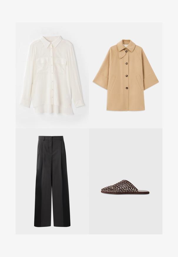 Beige ullblandad kappa med klassisk krage, framknäppning med knappar och sidofickor; har raglanärmar och en ren, strukturerad design.; Vit skjorta med knappar i lätt tyg. Har en klassisk krage, två bröstfickor och en något längre bakre fåll.; Svarta byxor med vida ben och hög midja, med framveck, en slät textur och en skräddarsydd finish. Designade för en avslappnad passform.; Brun vävd slide sandal med rund tå, öppen design, platt sula och texturerad yta. Lätt material och minimalistisk silhuett.