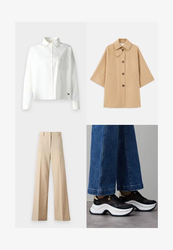 Beige villasekoituksesta valmistettu takki, jossa on klassinen kaulus, etupainikekiinnitys ja sivutaskut; sisältää raglan-hihat ja siistin, jämäkän muotoilun.; Weekend Max Mara Paitapusero - bianco; Beige leveled trousers made from smooth fabric, featuring a flat front with folds, a zip fly, and belt loops. Overall tailored fit.; Mustat ja kultaiset tennarit, joissa on kaareva valkoinen pohja. Teksturoitu kangas, jossa on logokoristeita. Yhdistetty leveisiin sinisiin farkkuihin.