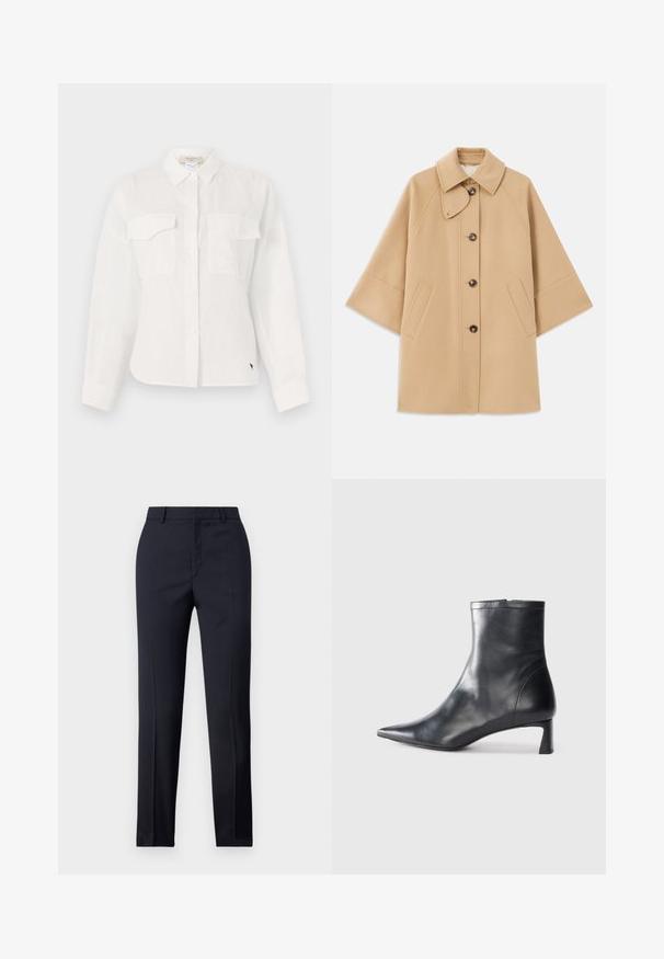 Beige wool blend coat with a classic collar, front button closure, and side pockets; features raglan sleeves and a clean, structured design.; White button-up shirt made of lightweight fabric, featuring two chest pockets, a pointed collar, and a curved hem. Subtle texture detail.; Navy tailored trousers with a straight cut, featuring a smooth texture, two front pockets, and a clean waistband.; Black leather ankle boot with a pointed toe and a sleek design. Features a low heel and a zipper closure at the back. Smooth texture.