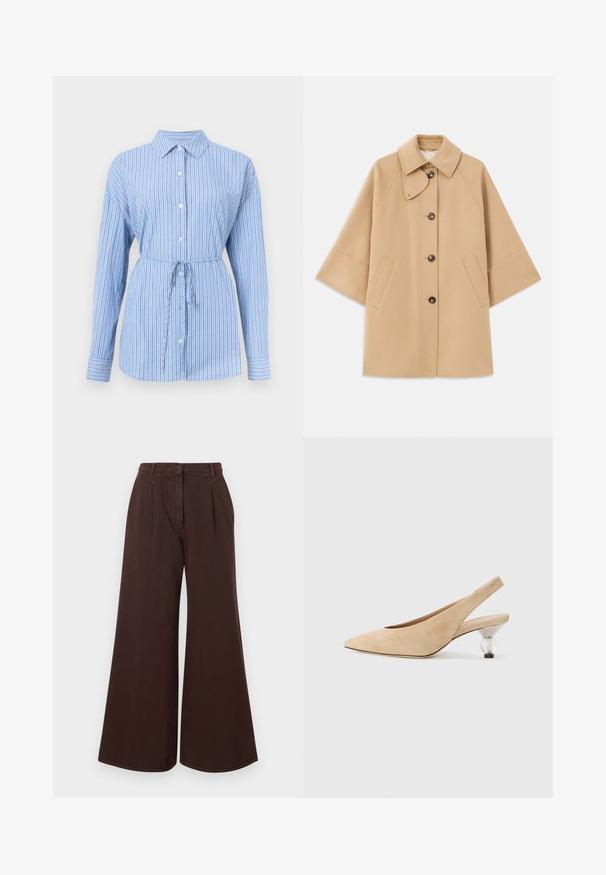 Beež villasegu jakk klassikalise kraega, ees nuppude sulgemise ja küljetaskutega; omab raglan-varrukaid ja puhtalt, struktureeritud disaini.; Heledane sinine pluus valgete vertikaalsete triipudega. Omab kaelust, pikki varrukaid ja reguleeritavat vöökohta kehakuju andmiseks.; Kõrge vöökoht, laiad pruunid püksid nupuga ja tõmblukuga, vöörihmadega ning ees olevate voltidega.; Bež sametist slingback kingad terava varbaga ja läbipaistva ümmarguse kontsaga. Sile tekstuur ja minimalistlik disain.