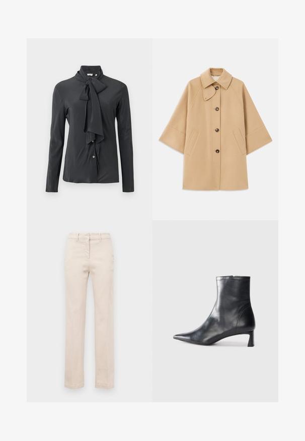 Beżowy płaszcz z wełny z klasycznym kołnierzem, z przodu zapinany na guziki, z kieszeniami po bokach; posiada rękawy raglanowe oraz prosty, uporządkowany fason.; Ciemnoszary bluzka z wiązanym kołnierzykiem, długimi rękawami i zapięciem na guziki z przodu. Wykonana z gładkiego materiału o delikatnym połysku.; Beżowe bawełniane spodnie o dopasowanym kroju, proste nogawki, z zamkiem błyskawicznym z przodu i gładką fakturą. Posiadają tradycyjne szlufki na pasek.; Czarne skórzane botki sięgające kostki z ostrym noskiem i eleganckim designem. Posiadają niski obcas oraz zamek błyskawiczny z tyłu. Gładka faktura.