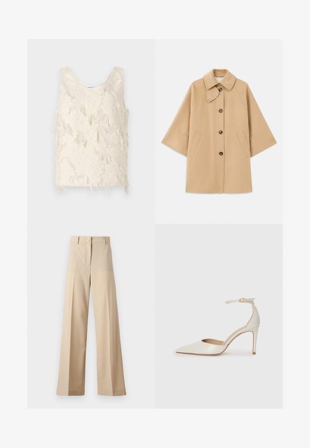 Beige gyapjú mix kabát klasszikus gallérral, elülső gombos záródással és oldalsó zsebekkel; raglán ujjaival és letisztult, strukturált dizájnjával rendelkezik.; Tej jellegű, fodros mintájú, ujj nélküli, krémszínű felső sima élekkel. A nyakrészen "Marella" felirat található.; Beige színű, bő szabású nadrág sima anyagból, lapos elejével, redőkkel, cipzáras záródással és övhurkokkal. Összességében testreszabott szabású.; Fehér bőr, magassarkú cipő hegyes orral, bokapánttal és vékony tűs sarkal. Simaszövet, finom fényes felülettel.