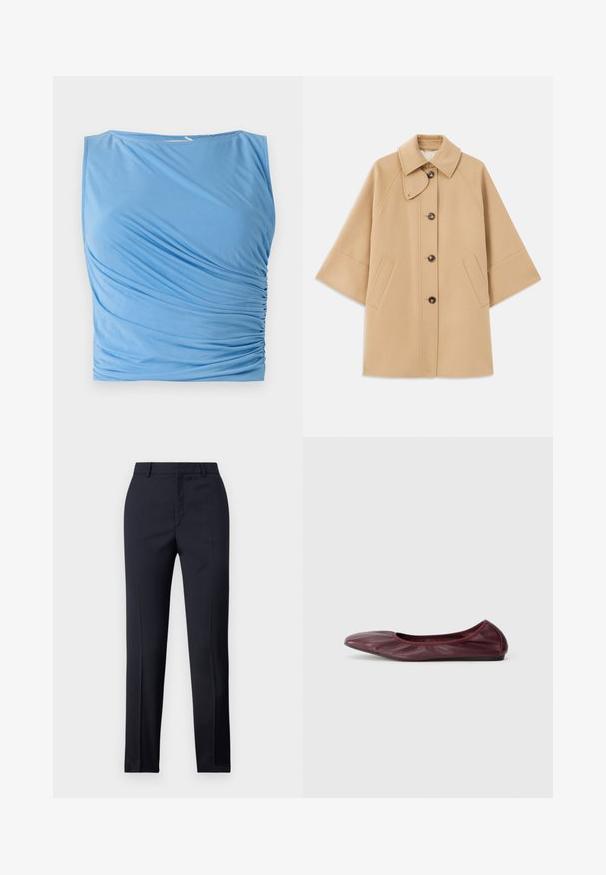 Beige wollen blend jas met een klassieke kraag, sluiting met knopen aan de voorkant en zijzakken; heeft raglanmouwen en een nette, gestructureerde uitstraling.; Blauw mouwloos topje van zachte stof met gedrapeerde ruches aan de zijkant, met een ronde halslijn en een gladde textuur.; Marineblauwe, op maat gemaakte broek met een rechte snit, met een gladde textuur, twee zijzakken en een schone tailleband.; Ballet flats in diep bordeauxleer, met een rond neuspunt, elastische rand en een gladde textuur met subtiele plooidetails.