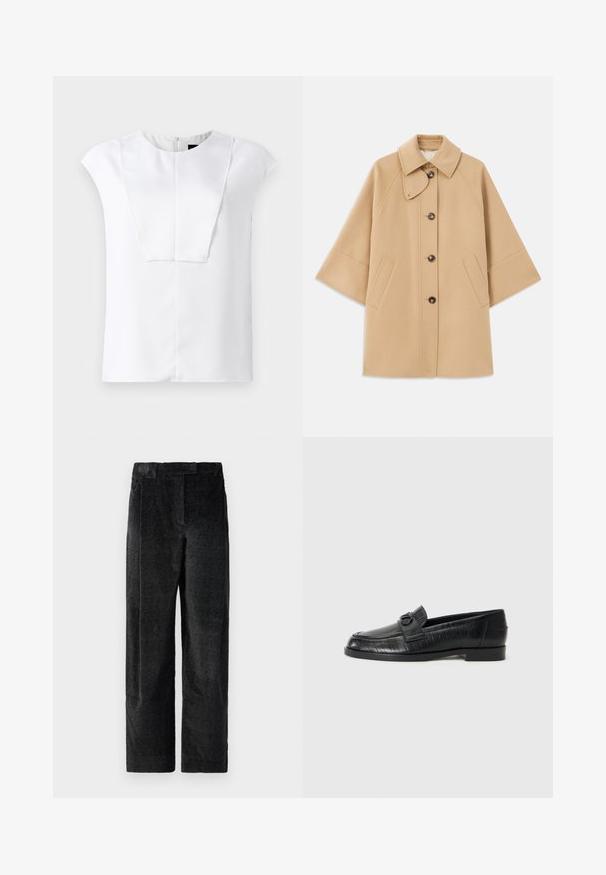 Bežový kabát z vlnenej zmesi s klasickým golierom, predným zapínaním na gombíky a bočnými vreckami; má raglánové rukávy a čistý, štruktúrovaný dizajn.; Biela krátka blúzka s krátkym rukávom a okrúhlym výstrihom, s obdĺžnikovým detailom na prednej strane, vystavená na jednoduchom pozadí.; Čierne, textúrované nohavice s širokými nohavicami a výrazným tkaním, s prednými skladmi a plochým pásom. Klasický dizajn pre všestrannosť.; Čierne kožené mokasíny so hladkým povrchom, s embosovaným lineárnym vzorom a dekoratívnou prackou na priehlavku. Nízky blokový podpätok.