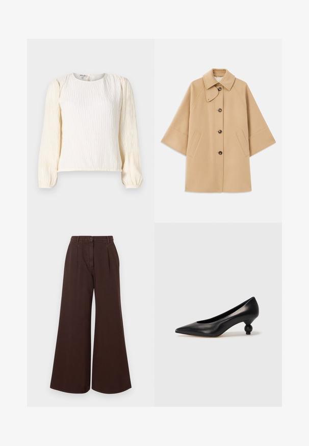 Beige wool blend coat with a classic collar, front button closure, and side pockets; features raglan sleeves and a clean, structured design.; White, textured blouse with long puff sleeves. Features a round neckline and a relaxed fit. Made from lightweight, flowy fabric.; High-waist wide-leg brown pants with button and zipper closure, belt loops, and front pleats.; Black leather high heel shoe with a pointed toe and a round, balled heel. Smooth texture with a sleek, minimal design.