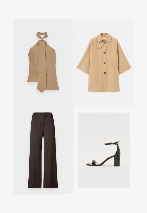 Beež villasegu jakk klassikalise kraega, ees nuppude sulgemise ja küljetaskutega; omab raglan-varrukaid ja puhtalt, struktureeritud disaini.; Kamelik halter-top kaelaotsaga ja pika, kitseneva sidemega. Valmistatud tekstureeritud kangast; tagaküljel on lukuga kinnitamine.; Laiad sääred tumedast pruunist kangast püksid, elastse vöökohtaga, millel on sile tekstuur ja puhtad jooned, et saavutada kohandatud välimus.; Must musta nahk sandaalid laia kanna, avatud varvaste ja ankletihaga, millel on kuldne pandla. Sile tekstuur ja elegantne disain.