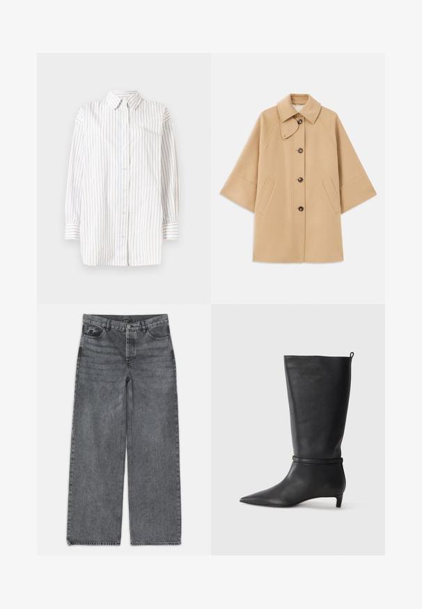 Beige wollen blend jas met een klassieke kraag, sluiting met knopen aan de voorkant en zijzakken; heeft raglanmouwen en een nette, gestructureerde uitstraling.; Overhemd met lange mouwen, voorzien van verticale strepen in wit, lichtblauw en lichtroze. Lichtgewicht stof met een kraag.; Wijdere jeans in donkergrijs denim. Kenmerken zijn een hoge taille, vijf zakken en een sluiting met een knoop aan de voorkant. Glad textuur met subtiele vervaging.; Zwarte leren kniehoog laars met een spitse neus, accentueert door een ronde band rond de enkel en een lage, taps toelopende hak. Glad textuur.