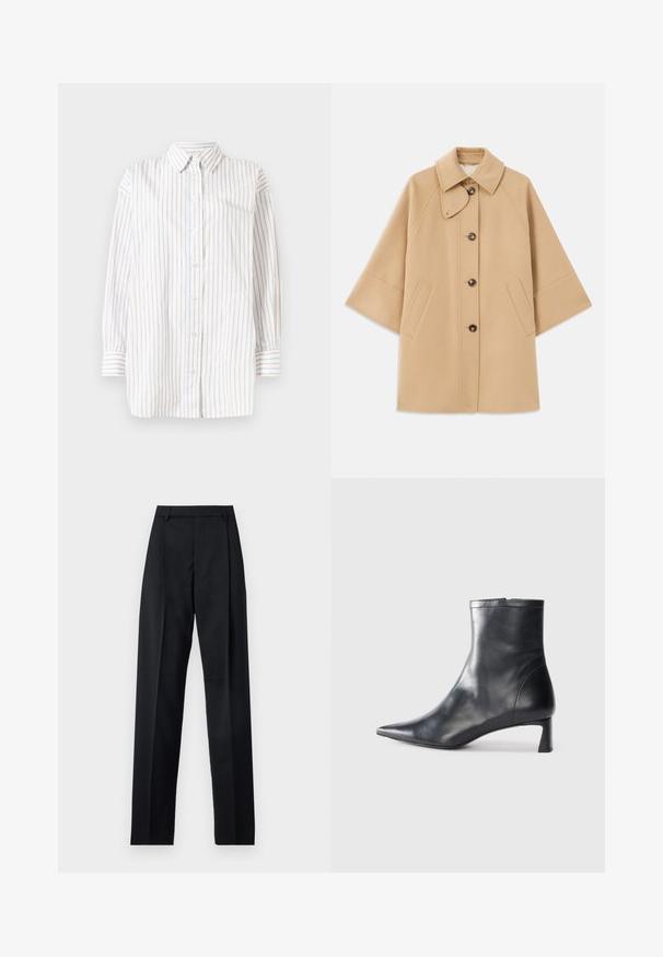 Bež kaput od vune s kombinacijom materijala, klasičnog ovratnika, prednjim zatvorenjem na dugmad i bočnim dzepovima; ima raglan rukave i čist, strukturiran dizajn.; Bijela košulja s dugim rukavima s vertikalnim prugama u svijetloplavoj i ružičastoj boji. Ima kopčanje na gumbe sprijeda i ovratnik ušiljenog oblika. Mekani materijal.; Crne hlače od glatkog materijala s visokim strukom, širokim nogavicama, prednjim pregibima i klasičnim petljama za remen. Nema vidljivih bočnih džepova.; Crne kožne gležnjače s uskim vrhom i elegantnim dizajnom. Imaju niski potpetak i zatvaranje na patentni zatvarač straga. Glatka tekstura.