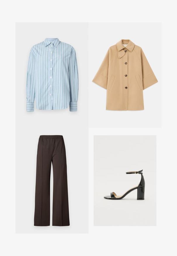 Bežs vilnas maisījuma mētelis ar klasisku apkakli, priekšējo pogu aizdares un sānu kabatām; satur raglanu piedurknes un tīru, strukturētu dizainu.; Gaiši zila garām piedurknēm krekls ar vertikālām zaļām svītrām, pogājama priekšpuse un kontrastējoši svītrainas piedurknes. Gluda auduma virsma, klasiskas apkakles dizains.; Gari pamatkrāsas tumši brūnas bikses ar elastīgu jostasvietu, kas izceļas ar gludu tekstūru un vienkāršām līnijām, nodrošinot elegantu izskatu.; Melnas patentā ādas sandales ar platām papēžiem, atvērtu purngalu un potītes siksniņu ar zelta sprādzi. Gluda tekstūra un elegants dizains.