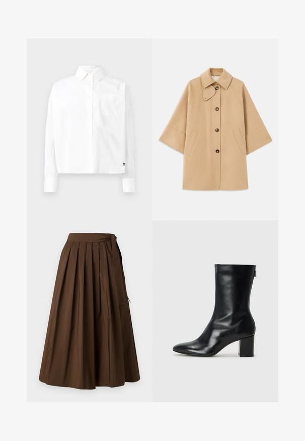 Beige wool blend coat with a classic collar, front button closure, and side pockets; features raglan sleeves and a clean, structured design.; White long-sleeve button-up shirt with a pointed collar, single chest pocket, and cuffed sleeves. Made of smooth, lightweight fabric.; Brown pleated skirt made of fabric with a smooth texture, featuring a high waist and side tie detail for closure.; Black leather ankle boot with a pointed toe and 4 cm block heel. Sleek design features a side zipper for easy wear. Smooth texture.