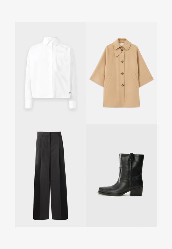 Manteau en mélange de laine beige avec un col classique, fermeture à boutons à l'avant et poches latérales ; présente des manches raglan et un design épuré et structuré.; Chemise blanche à manches longues avec col pointu, poche poitrine simple et manches à poignets. Fabriquée en tissu lisse et léger.; Pantalon large noir avec une taille haute, doté de plis avant, d'une texture lisse et d'une finition ajustée. Conçu pour un ajustement décontracté.; Bottine en cuir noir avec un bout rond, un talon carré, une fermeture éclair sur le côté et des coutures décoratives sur l'empeigne. Texture lisse, design classique.