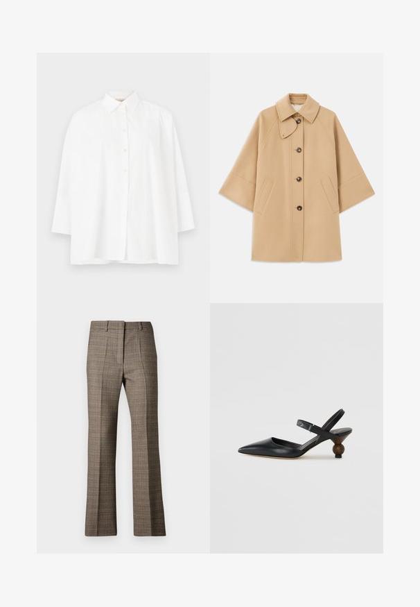 Šviesiai rudas vilnos mišinys paltas su klasikiniu apykakle, priekyje mygtukais užsegamas, ir šoninėmis kišenėmis; turi raglan tipo rankoves ir švarų, struktūrizuotą dizainą.; Balta marškiniai su klasikinio tipo apykakle, ilgomis rankovėmis ir laisvu siluetu. Lygus medvilnės audinys be matomų raštų ar akcentų.; Rudi dryžuoti kelniai su tiesia kojų forma, pasižymintys tekstūruota medžiaga ir subtiliomis smėlinėmis bei tamsiai rudos spalvos atspalviais rašte.; Juodos odinės slingback tipo bateliai su smailiu nosiu, išlenktu dizainu ir apvaliu medžio imitacijos kulnu. Pabrėžia siauras kulkšnies dirželis.