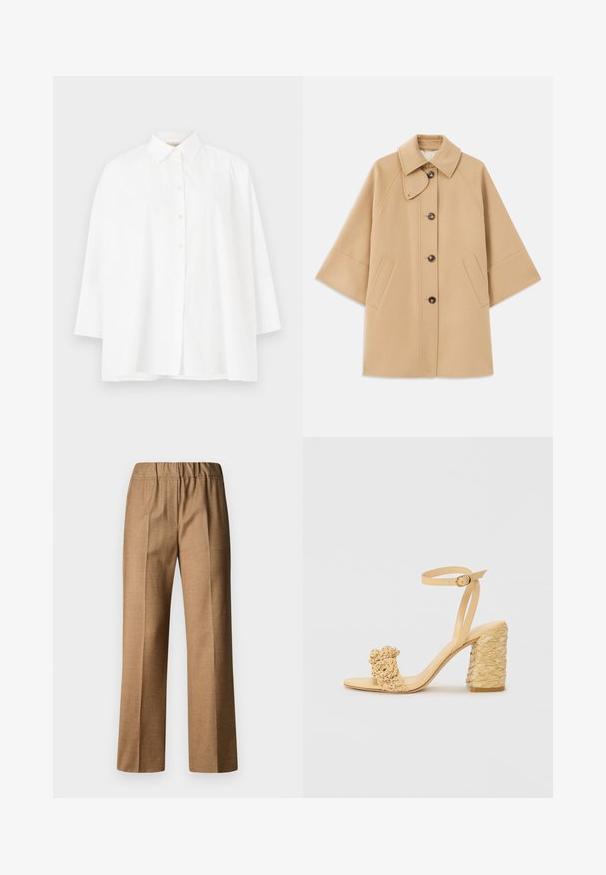 Cappotto in misto lana beige con colletto classico, chiusura frontale con bottoni e tasche laterali; presenta maniche a raglan e un design pulito e strutturato.; Camicia bianca con colletto classico, maniche lunghe e vestibilità comoda. Tessuto di cotone liscio senza motivi o dettagli visibili.; Pantaloni marroni, texturizzati, con una vestibilità rilassata, caratterizzati da una gamba ampia e una cintura elastica. Design su misura con pieghe frontali.; Sandalo beige con tacco alto e texture intrecciata, dotato di un fiore decorativo e di una cinghia alla caviglia. Il tacco quadrato offre stabilità.