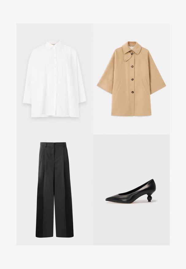 Bežs vilnas maisījuma mētelis ar klasisku apkakli, priekšējo pogu aizdares un sānu kabatām; satur raglanu piedurknes un tīru, strukturētu dizainu.; Balta pogca krekls ar klasisku apkakli, garām piedurknēm un brīvu piegriezumu. Gluda kokvilnas auduma, bez redzamām rakstu vai akcentu detaļām.; Melni platajā kājās bikses ar augsto jostasvietu, kas ar priekšējiem krokām, gludu tekstūru un pielāgotu apdari. Veidotas relaksētai piegrieztei.; Melnas ādas augstpapēžu kurpes ar smailu purngalu un apaļu papēdi. Gluda tekstūra ar elegantu, minimālistisku dizainu.