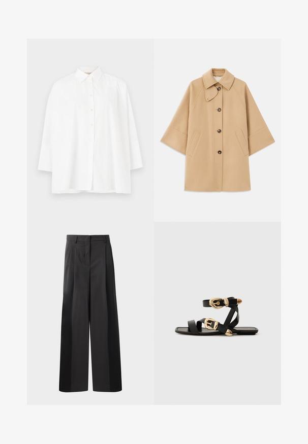 Bež kaput od vune s kombinacijom materijala, klasičnog ovratnika, prednjim zatvorenjem na dugmad i bočnim dzepovima; ima raglan rukave i čist, strukturiran dizajn.; Bijela košulja s dugim rukavima i klasičnim ovratnikom, opuštenog kroja. Glatka pamučna tkanina bez vidljivih uzoraka ili ukrasa.; Crne široke hlače s visokim strukom, s prednjim nabranim detaljima, glatkom teksturom i krojenim završetkom. Dizajnirane za opušteni kroj.; Crne kožne sandale s zlatnim kopčama, s više trakica i ravnim đonom za nošenje s otvorenim prstima.