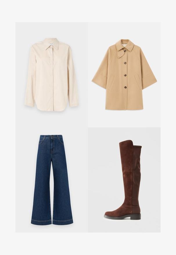 Beige ullblandad kappa med klassisk krage, framknäppning med knappar och sidofickor; har raglanärmar och en ren, strukturerad design.; Ljus beige långärmad skjorta gjord av mjuk bomull, med klassisk krage, full knappstängning och avslappnad passform. Inga mönster eller detaljer.; Bredda blå denimjeans med hög midja, med knappstängning, bältesögglor och subtila sömdetaljer längs fickorna och fållarna.; Höga bruna mocka- och tygstövlar med låg svart klack och rund tå, visade i sidovy mot vit bakgrund.
