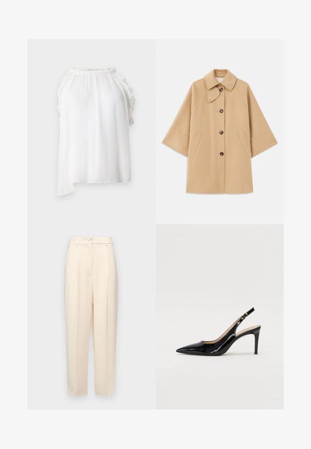 Beige wool blend coat with a classic collar, front button closure, and side pockets; features raglan sleeves and a clean, structured design.; White sleeveless top made from lightweight, textured fabric. Features ruffled accents along the neckline and shoulders. Asymmetrical hem.; Beige tailored trousers with a straight fit, featuring pleats at the front, a smooth texture, and a mid-rise waist. No visible pockets.; Black patent leather slingback pump with pointed toe, slim heel, and a subtle cutout design. Features a gold buckle on the strap.